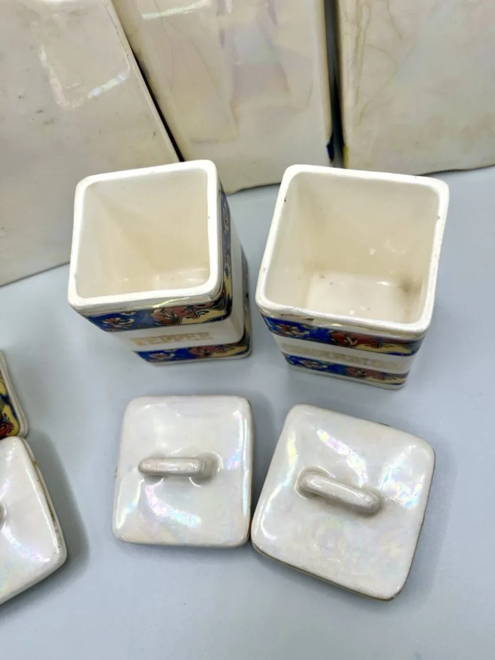 Antique 1930s Czechoslovakia Lusterware Kitchen Canister Spice Set Iridescent